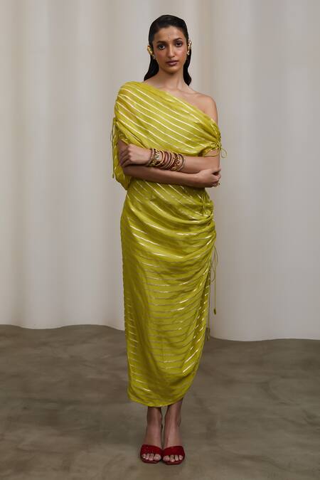 Shop Sheela Suthar Green Silk One Shoulder Ruched Dress Online at Aza Fashions Shop_Sheela Suthar_Green Silk One Shoulder Ruched Dress _Online_at_Aza_Fashions