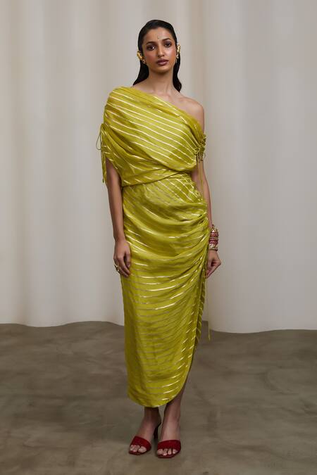Sheela Suthar Green Silk One Shoulder Ruched Dress at Aza Fashions Sheela Suthar_Green Silk One Shoulder Ruched Dress _at_Aza_Fashions