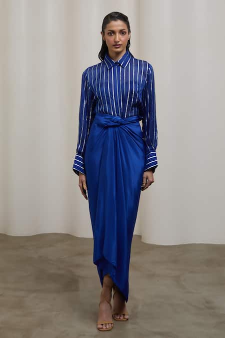 Sheela Suthar_Blue Silk, Crepe Collared Striped Shirt And Tie-up Skirt Set _at_Aza_Fashions