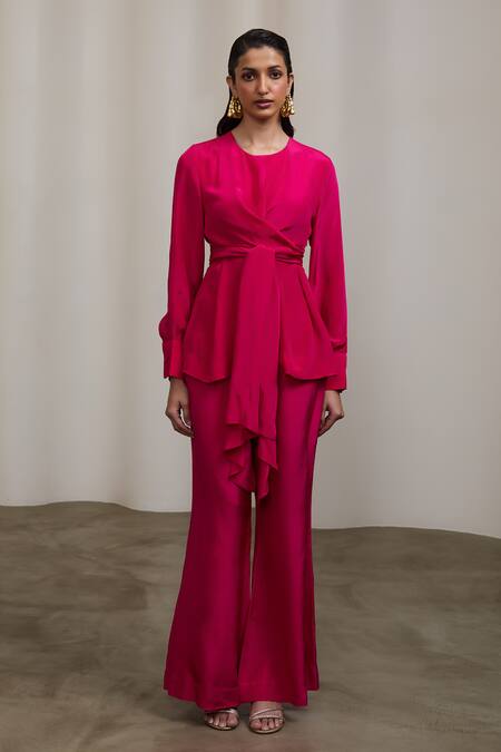 Shop_Sheela Suthar_Fuchsia Crepe, Silk Round Neck Tie-up Top And Flared Pant Set _Online_at_Aza_Fashions