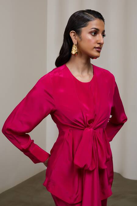 Sheela Suthar_Fuchsia Crepe, Silk Round Neck Tie-up Top And Flared Pant Set _at_Aza_Fashions