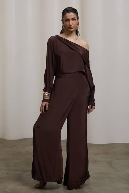 Sheela Suthar_Brown Crepe One Shoulder Top And Pant Set _Online_at_Aza_Fashions
