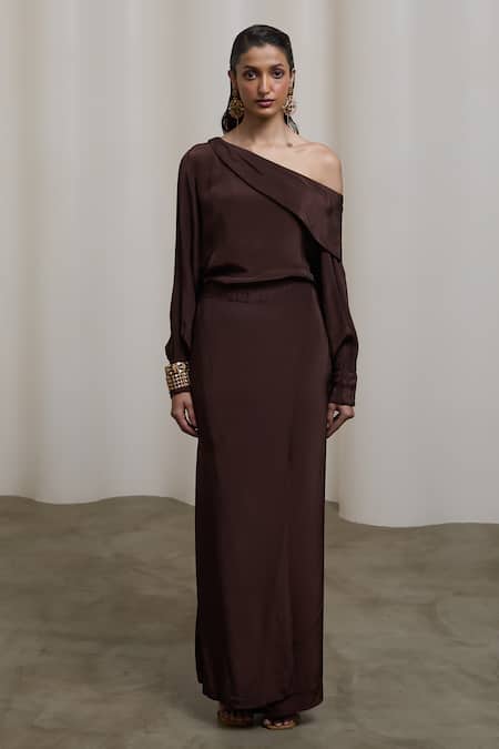 Buy_Sheela Suthar_Brown Crepe One Shoulder Top And Pant Set _Online_at_Aza_Fashions