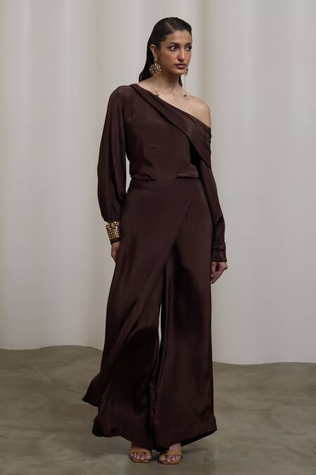Sheela Suthar_Brown Crepe One Shoulder Top And Pant Set _at_Aza_Fashions