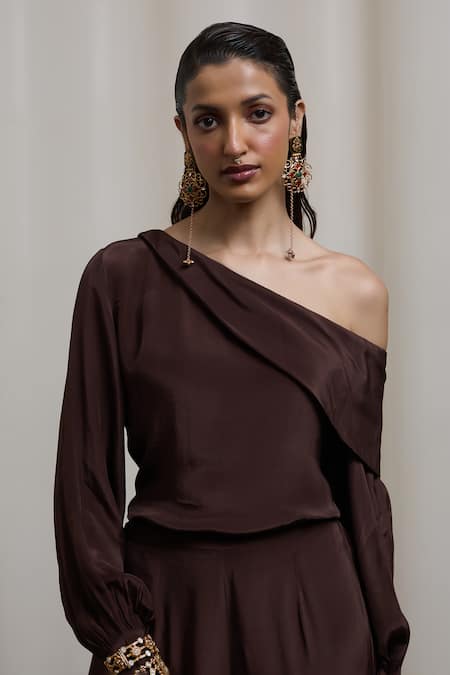 Buy_Sheela Suthar_Brown Crepe One Shoulder Top And Pant Set 
