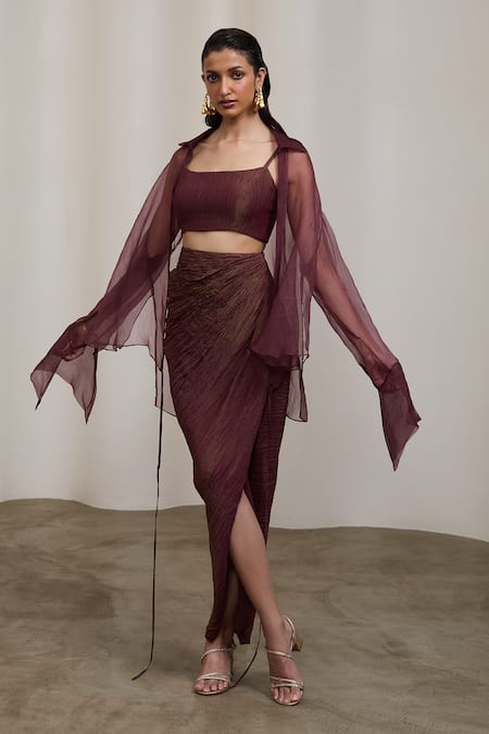 Sheela Suthar_Burgundy Organza, Tissue Collared, V-neck, Square Bralette And Draped Skirt Set _Online_at_Aza_Fashions