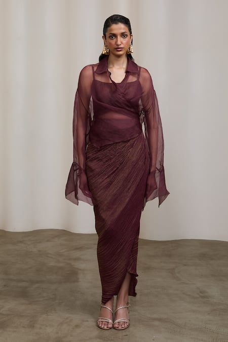 Buy_Sheela Suthar_Burgundy Organza, Tissue Collared, V-neck, Square Bralette And Draped Skirt Set _Online_at_Aza_Fashions