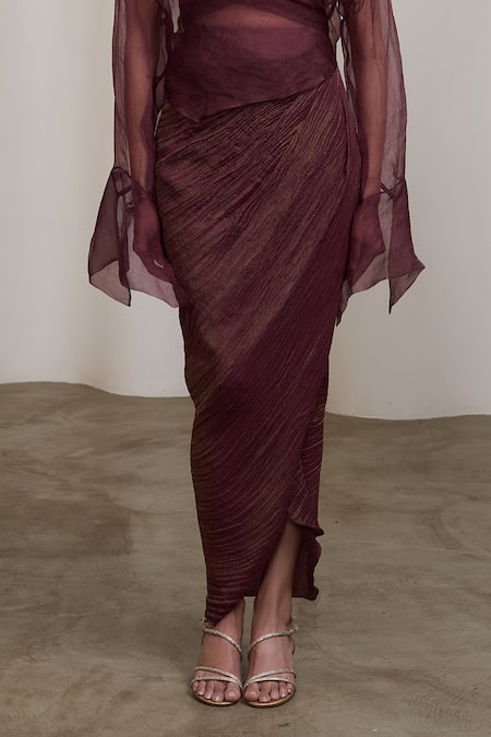 Shop_Sheela Suthar_Burgundy Organza, Tissue Collared, V-neck, Square Bralette And Draped Skirt Set _Online_at_Aza_Fashions