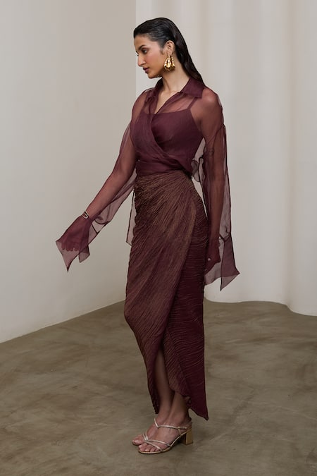 Sheela Suthar_Burgundy Organza, Tissue Collared, V-neck, Square Bralette And Draped Skirt Set _at_Aza_Fashions