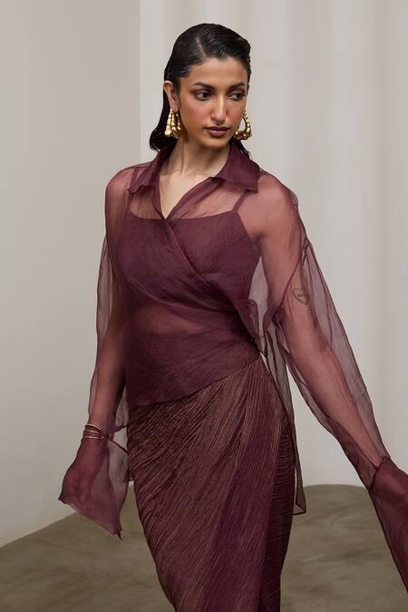 Buy_Sheela Suthar_Burgundy Organza, Tissue Collared, V-neck, Square Bralette And Draped Skirt Set 