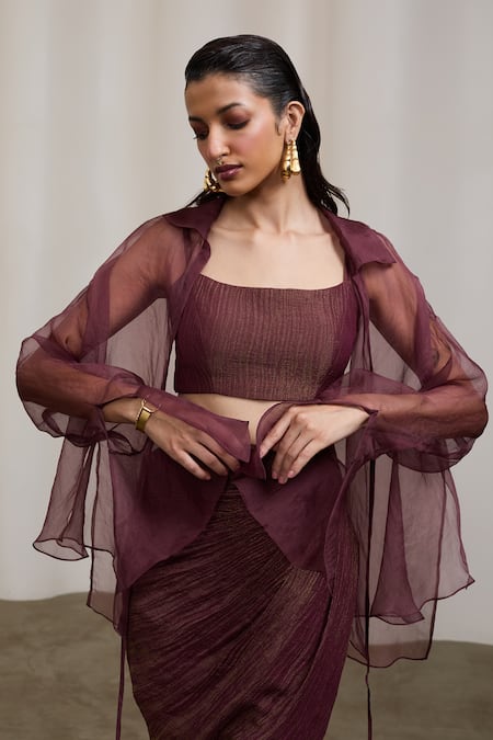 Shop_Sheela Suthar_Burgundy Organza, Tissue Collared, V-neck, Square Bralette And Draped Skirt Set 