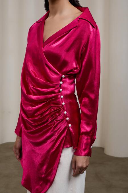 Sheela Suthar_Fuchsia Silk Pearls Collared, V-neck Double-breasted Draped Shirt  _Online_at_Aza_Fashions