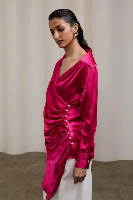 Shop_Sheela Suthar_Fuchsia Silk Pearls Collared, V-neck Double-breasted Draped Shirt  _Online_at_Aza_Fashions