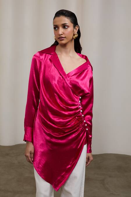 Sheela Suthar_Fuchsia Silk Pearls Collared, V-neck Double-breasted Draped Shirt  _at_Aza_Fashions