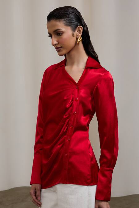 Sheela Suthar_Red Collared, V-neck Asymmetric Placket Detail Gaji Silk Shirt _Online_at_Aza_Fashions