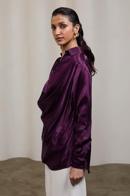 Sheela Suthar_Purple Silk Cowl Neck, Collared Shirt _Online_at_Aza_Fashions