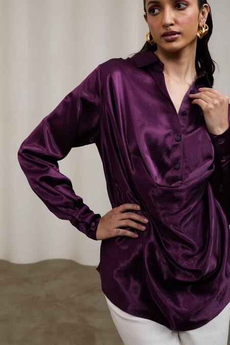 Shop_Sheela Suthar_Purple Silk Cowl Neck, Collared Shirt _Online_at_Aza_Fashions