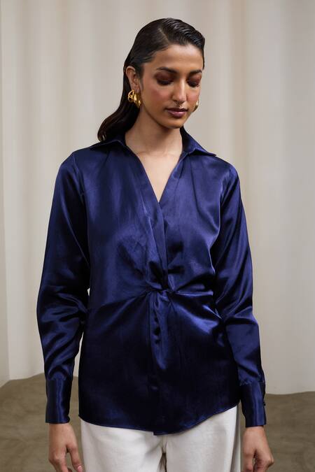 Sheela Suthar_Navy Satin Collared, V-neck Gaji Silk Knotted Wrap Shirt _Online_at_Aza_Fashions