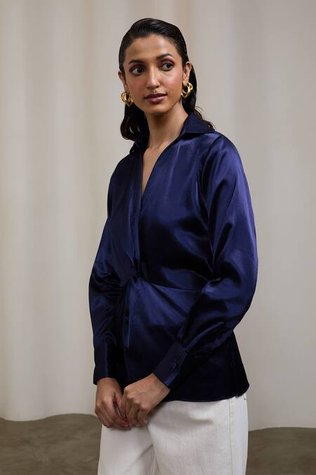 Buy_Sheela Suthar_Navy Satin Collared, V-neck Gaji Silk Knotted Wrap Shirt _Online_at_Aza_Fashions