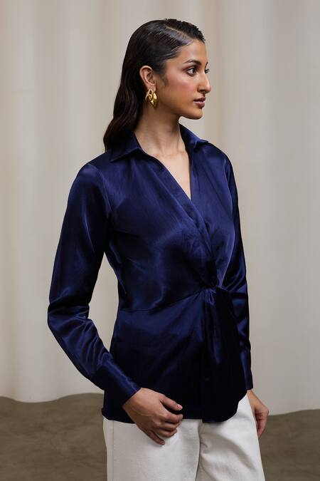 Shop_Sheela Suthar_Navy Satin Collared, V-neck Gaji Silk Knotted Wrap Shirt _Online_at_Aza_Fashions