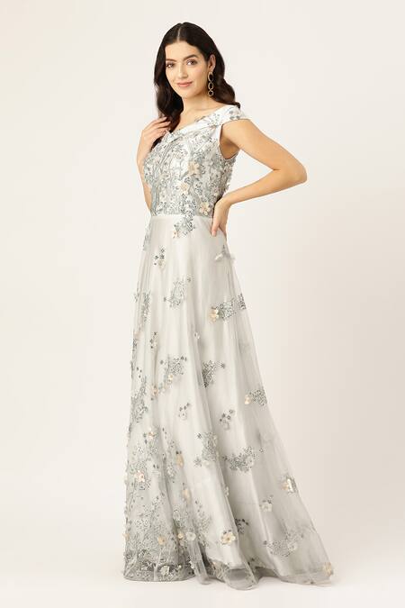 Sayisha_Silver Net Embroidery, Sequins, Fabric Flowers, Pearls Floral Embellished Gown _Online_at_Aza_Fashions