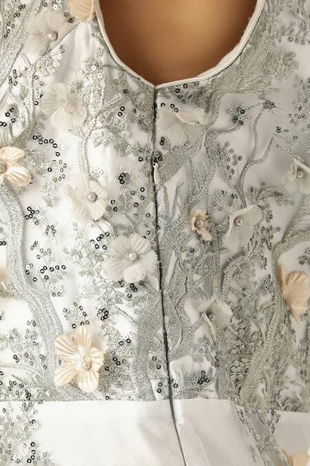 Sayisha_Silver Net Embroidery, Sequins, Fabric Flowers, Pearls Floral Embellished Gown _at_Aza_Fashions