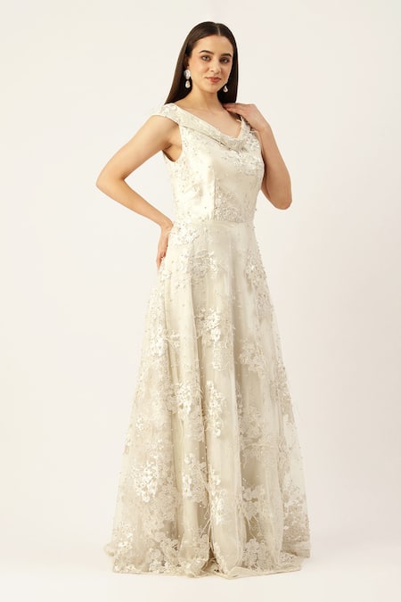 Sayisha_White Net Pearls, Sequins, Embroidery V-neck Floral Gown _Online_at_Aza_Fashions