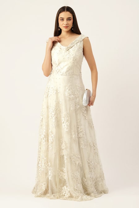 Buy_Sayisha_White Net Pearls, Sequins, Embroidery V-neck Floral Gown _Online_at_Aza_Fashions