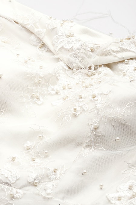 Sayisha_White Net Pearls, Sequins, Embroidery V-neck Floral Gown _at_Aza_Fashions