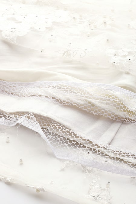 Shop_Sayisha_White Net Pearls, Sequins, Embroidery V-neck Floral Gown 