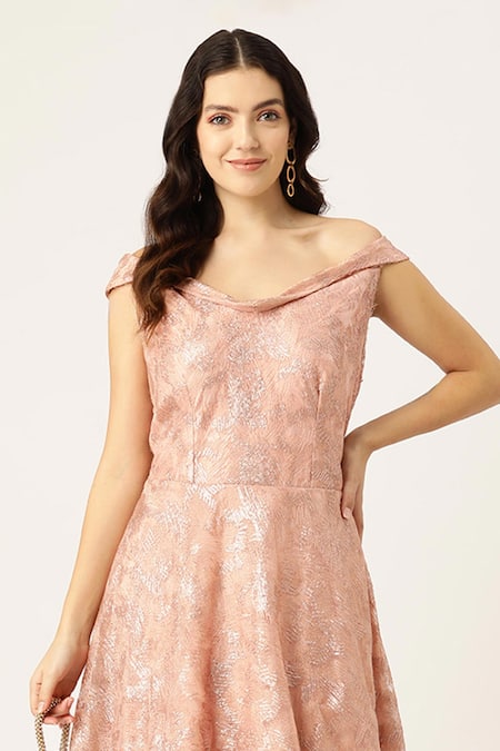 Sayisha_Peach Net Sequins V-neck Abstract Embellished Gown _Online_at_Aza_Fashions