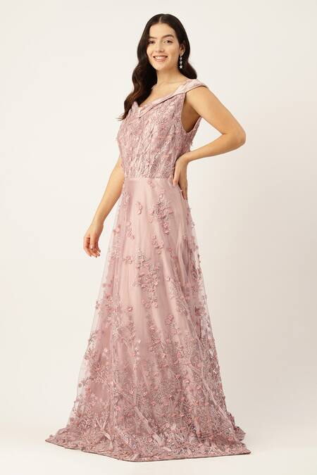 Sayisha_Pink Net Embroidery, Sequins V-neck Floral Gown _Online_at_Aza_Fashions