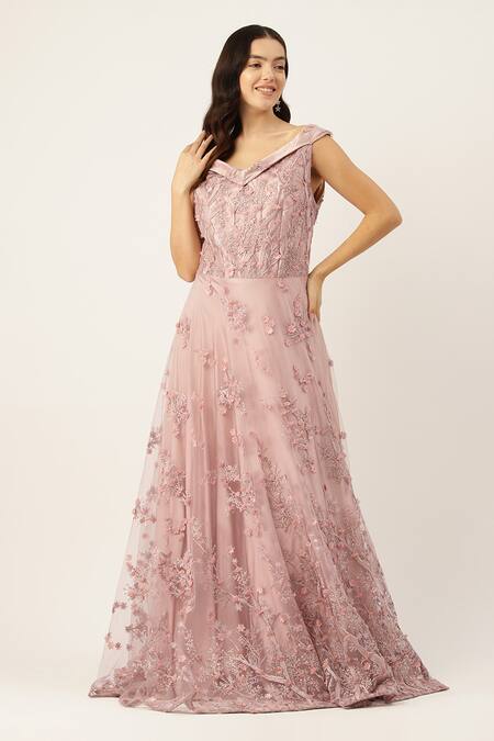 Buy_Sayisha_Pink Net Embroidery, Sequins V-neck Floral Gown _Online_at_Aza_Fashions