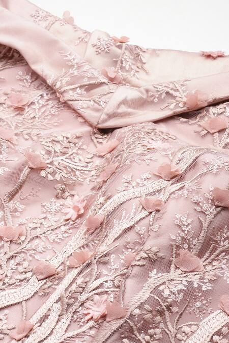 Sayisha_Pink Net Embroidery, Sequins V-neck Floral Gown _at_Aza_Fashions