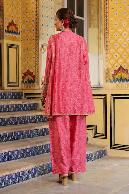 Shop_Label Niti Bothra_Pink Embroidery, Zari, Stones Mandarin Collar, Printed Pheran Short Kurta Set _at_Aza_Fashions