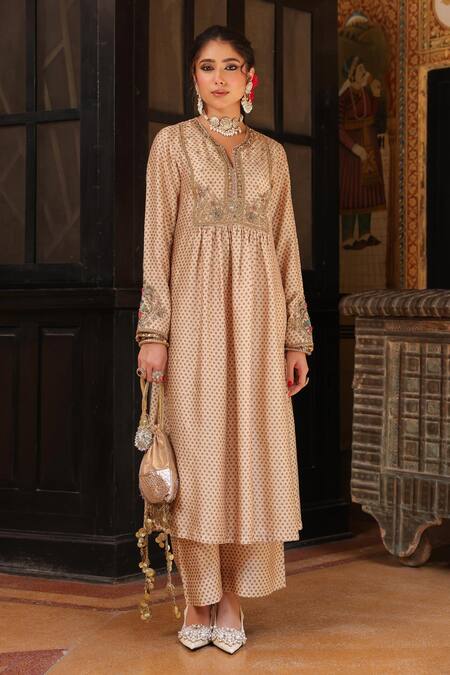 Buy_Label Niti Bothra_Ivory Tencel, Silk Embroidery, Metallic Thread, Stones Printed Kurta And Pant Set _Online_at_Aza_Fashions