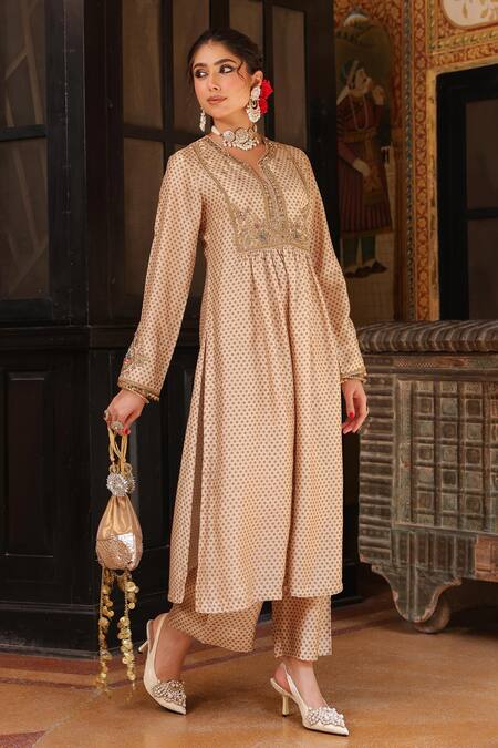 Shop_Label Niti Bothra_Ivory Tencel, Silk Embroidery, Metallic Thread, Stones Printed Kurta And Pant Set _Online_at_Aza_Fashions