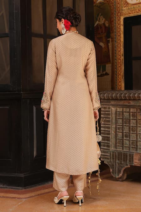 Shop_Label Niti Bothra_Ivory Tencel, Silk Embroidery, Metallic Thread, Stones Printed Kurta And Pant Set _at_Aza_Fashions