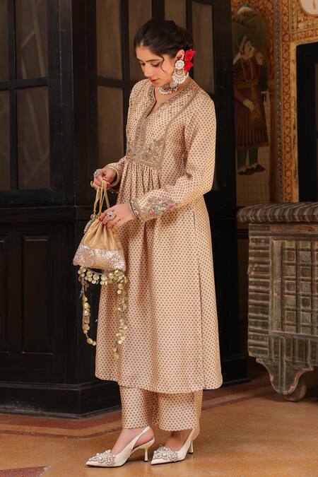 Label Niti Bothra_Ivory Tencel, Silk Embroidery, Metallic Thread, Stones Printed Kurta And Pant Set _at_Aza_Fashions