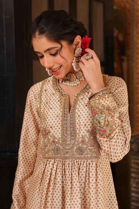 Shop Label Niti Bothra Ivory Tencel, Silk Embroidery, Metallic Thread, Stones Printed Kurta And Pant Set Shop_Label Niti Bothra_Ivory Tencel, Silk Embroidery, Metallic Thread, Stones Printed Kurta And Pant Set