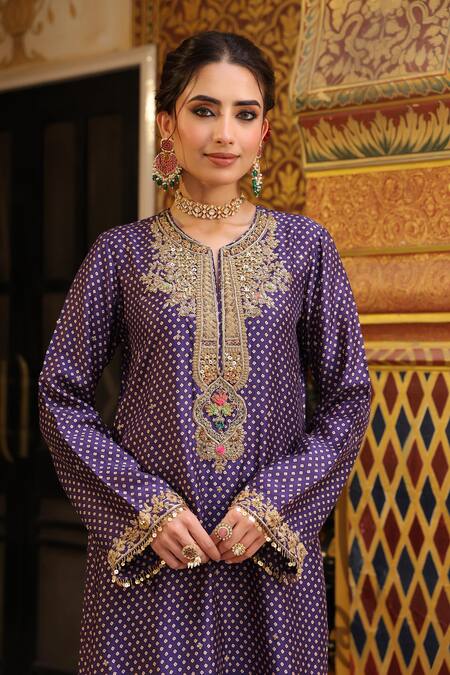 Buy_Label Niti Bothra_Purple Tencel, Silk Embroidery, Printed Pakhi Yoke Straight Kurta And Pant Set _Online_at_Aza_Fashions