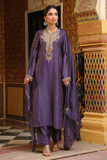 Shop_Label Niti Bothra_Purple Tencel, Silk Embroidery, Printed Pakhi Yoke Straight Kurta And Pant Set _Online_at_Aza_Fashions