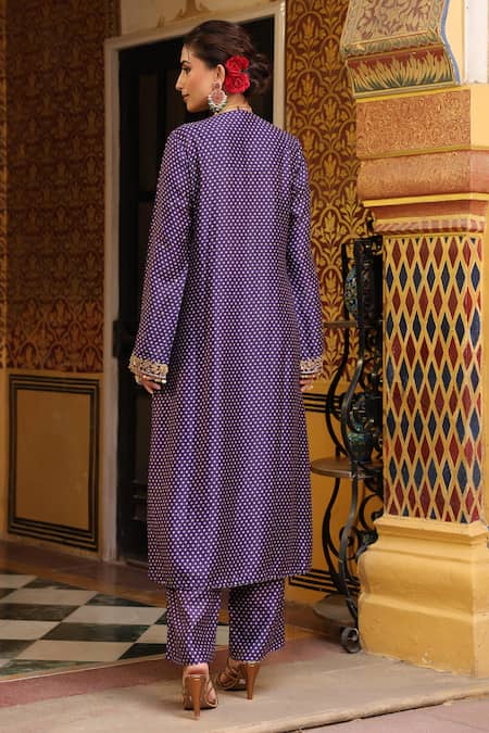 Shop_Label Niti Bothra_Purple Tencel, Silk Embroidery, Printed Pakhi Yoke Straight Kurta And Pant Set _at_Aza_Fashions