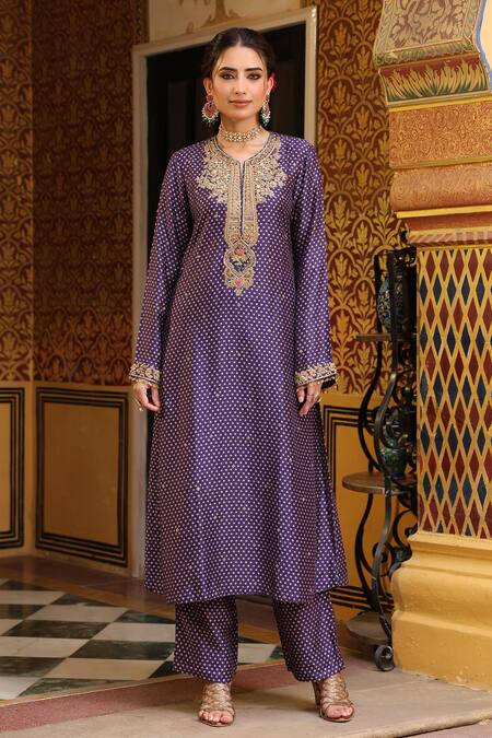 Label Niti Bothra_Purple Tencel, Silk Embroidery, Printed Pakhi Yoke Straight Kurta And Pant Set _at_Aza_Fashions