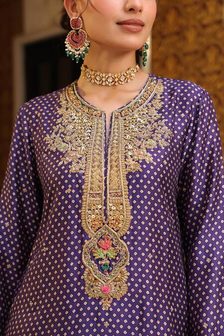 Buy_Label Niti Bothra_Purple Tencel, Silk Embroidery, Printed Pakhi Yoke Straight Kurta And Pant Set 