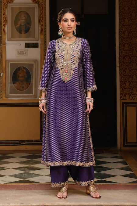 Label Niti Bothra_Purple Silk, Tencel, Organza Embroidery, Printed Pakhi Yoke Straight Kurta Set _Online_at_Aza_Fashions