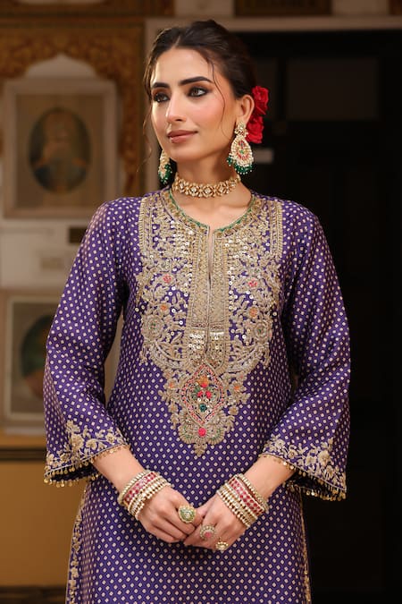 Label Niti Bothra_Purple Silk, Tencel, Organza Embroidery, Printed Pakhi Yoke Straight Kurta Set _at_Aza_Fashions