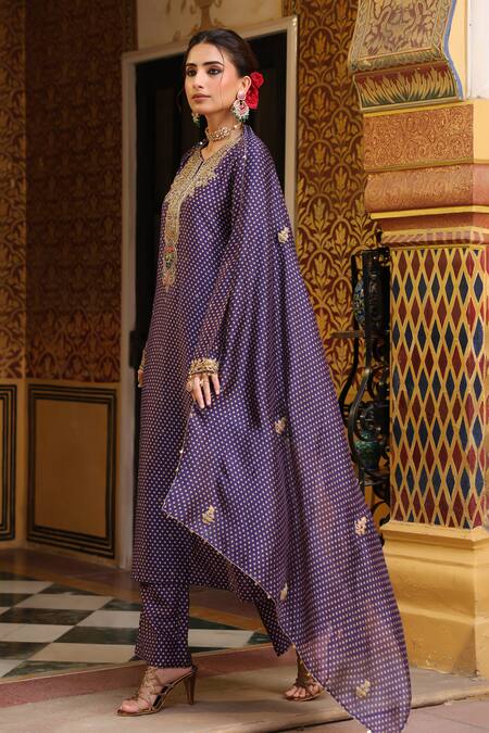 Buy_Label Niti Bothra_Purple Silk, Tencel, Organza Embroidery, Printed Pakhi Yoke Straight Kurta Set 
