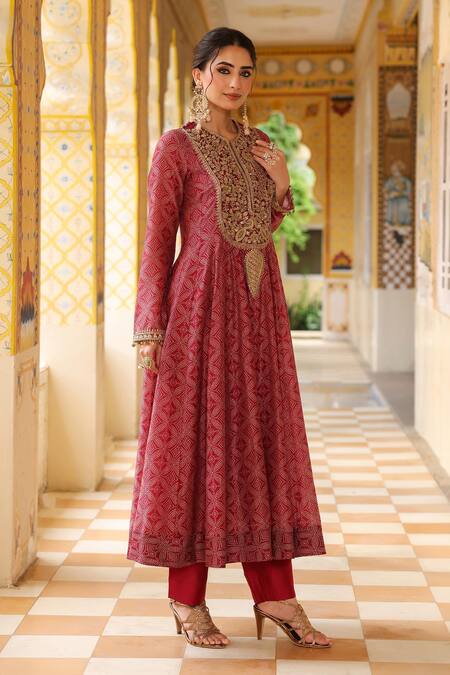 Label Niti Bothra_Maroon Silk, , Silk, Organza Zari, Printed Anarkali Set _Online_at_Aza_Fashions