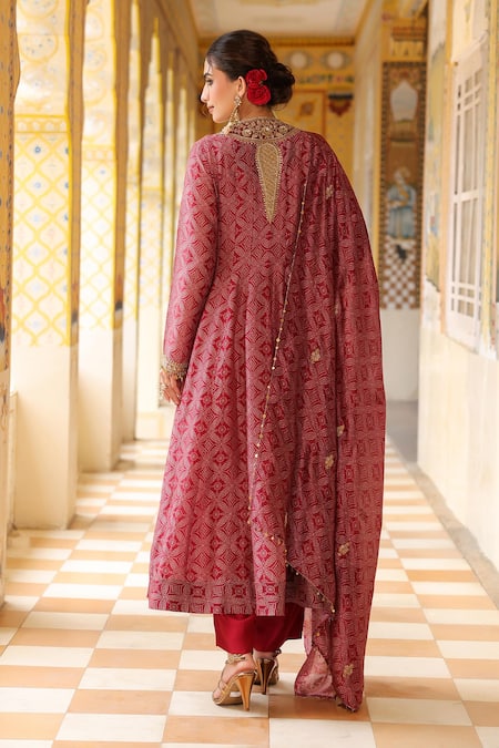 Shop_Label Niti Bothra_Maroon Silk, , Silk, Organza Zari, Printed Anarkali Set _at_Aza_Fashions